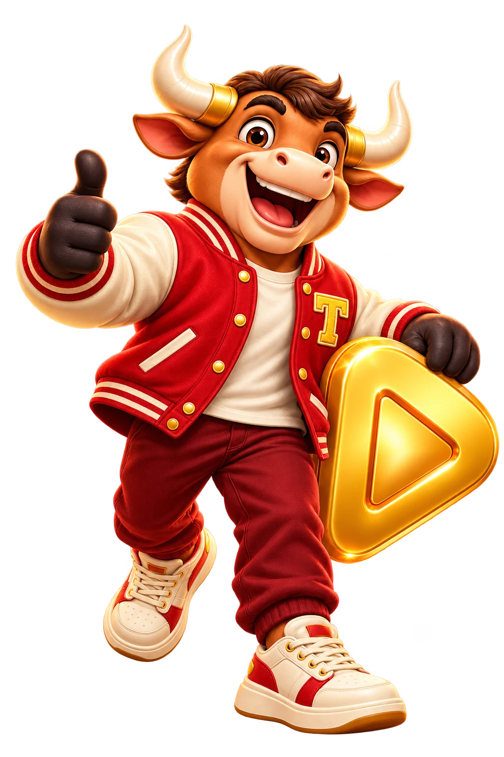Toro’s friendly bull mascot with a golden play button